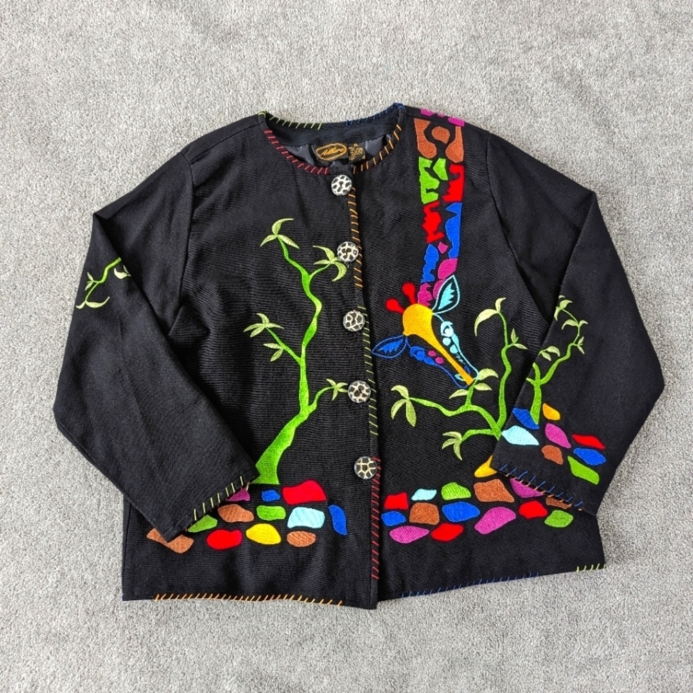Vintage Allure Black Giraffe Theme  Embroidered Jacket Art To Wear Size Large